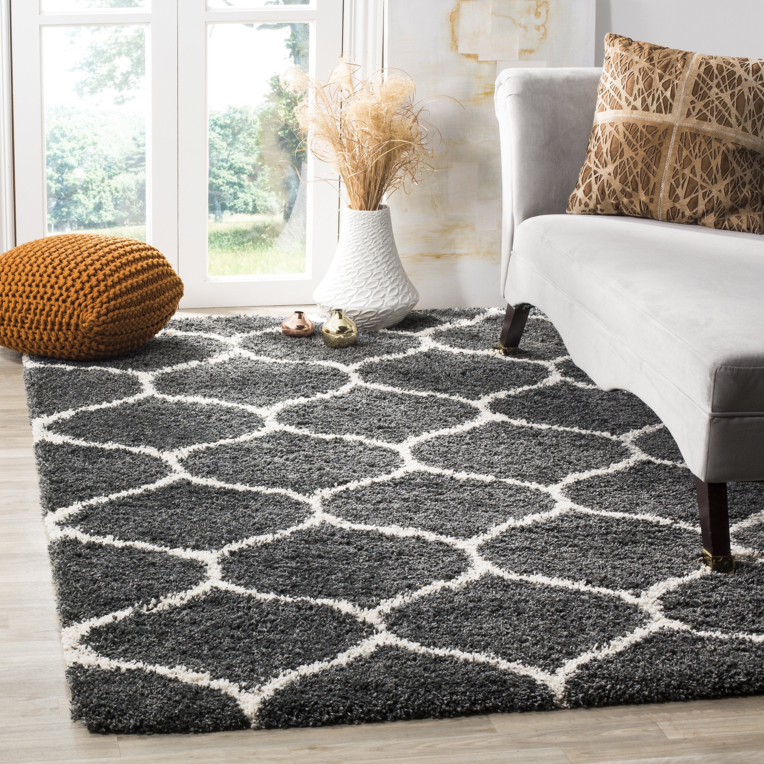 SAFAVIEH Hudson Shag Collection Accent Rug - 4 x 6 Dark Grey & Ivory Trellis Design Non-Shedding & Easy Care 2-inch Thick Ideal for High Traffic Areas in Entryway Living Room Bedroom (SGH280G)