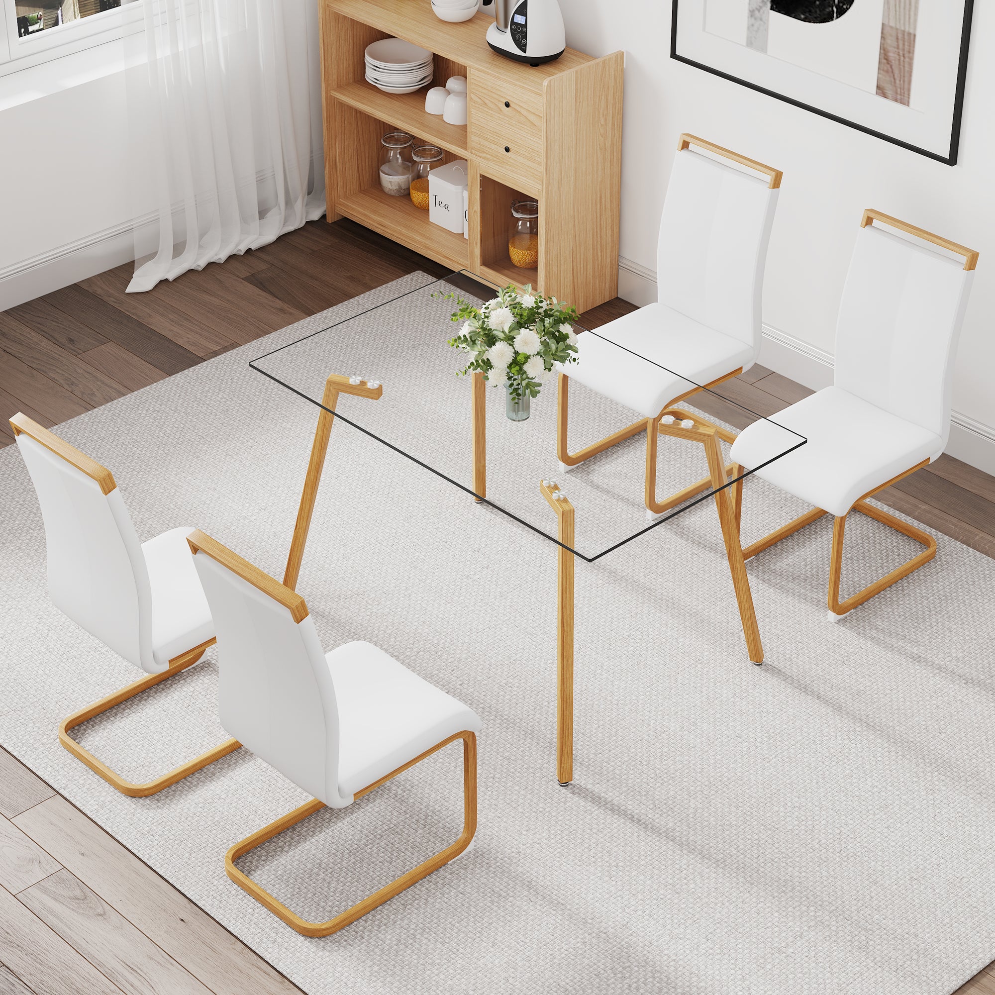Semplicità Raffinata: Set Tavolo e Sedie da Pranzo in vetro con 4 Sedie Bianche