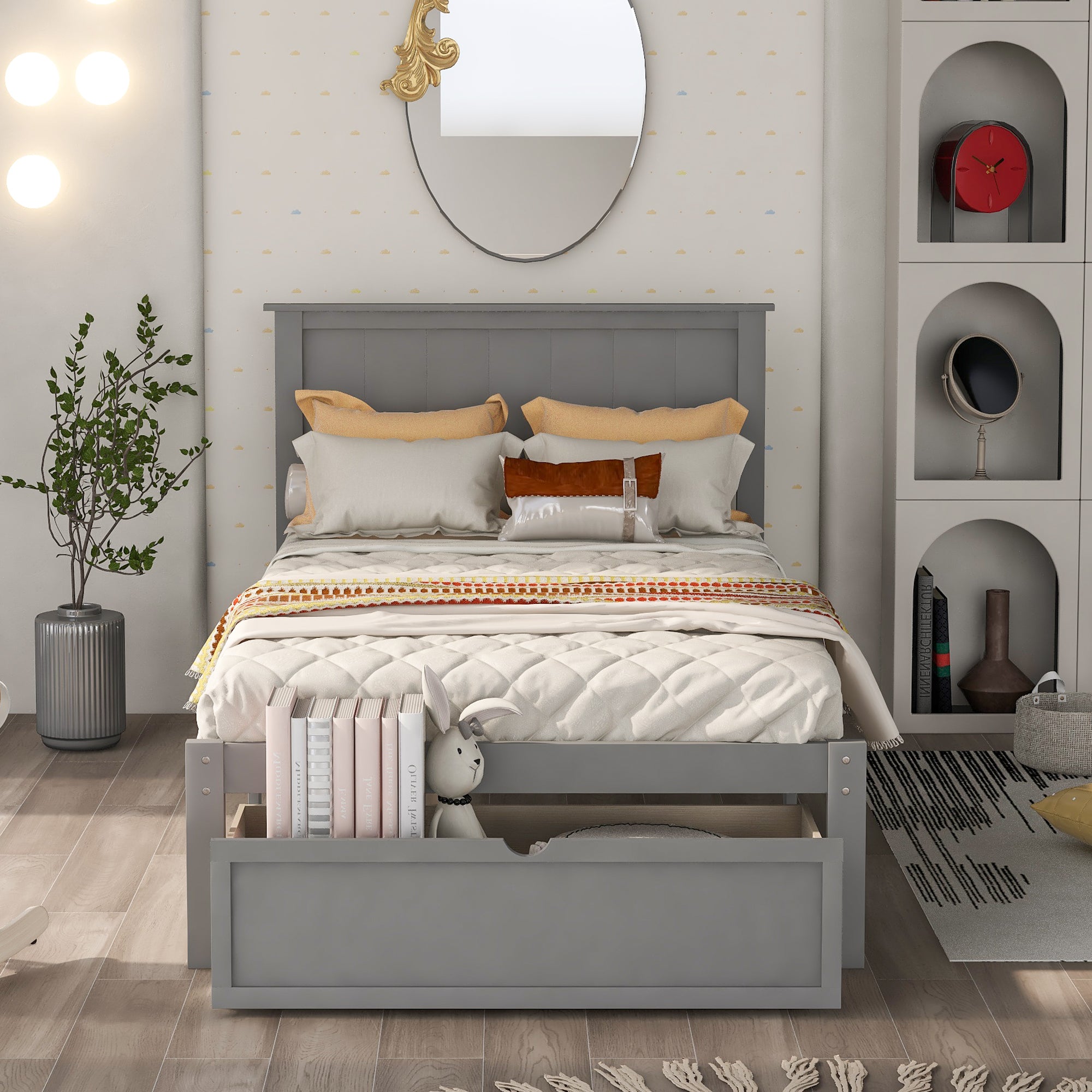 "Semplicità e Funzionalità: Letto Singolo con Cassetto Sottostante Grigio"