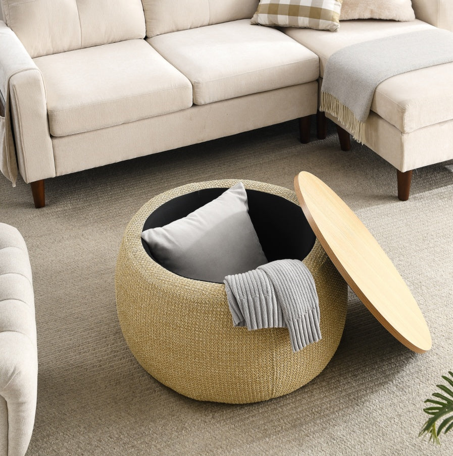 Pouf Tavolino 2-in-1 con Contenitore - Design Multifunzionale e Naturale