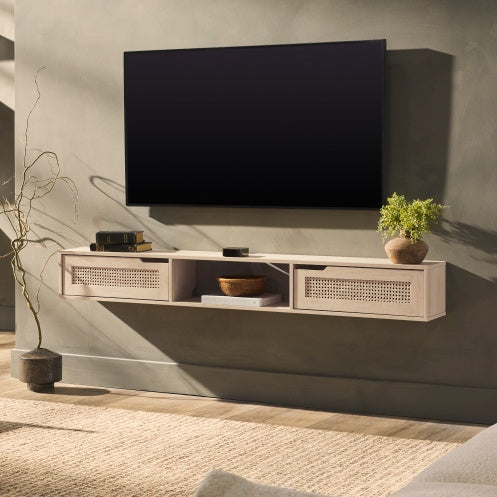 Mobile Porta TV Moderno con Ante in Rattan - Eleganza Fluttuante per Televisori fino a 65 Pollici