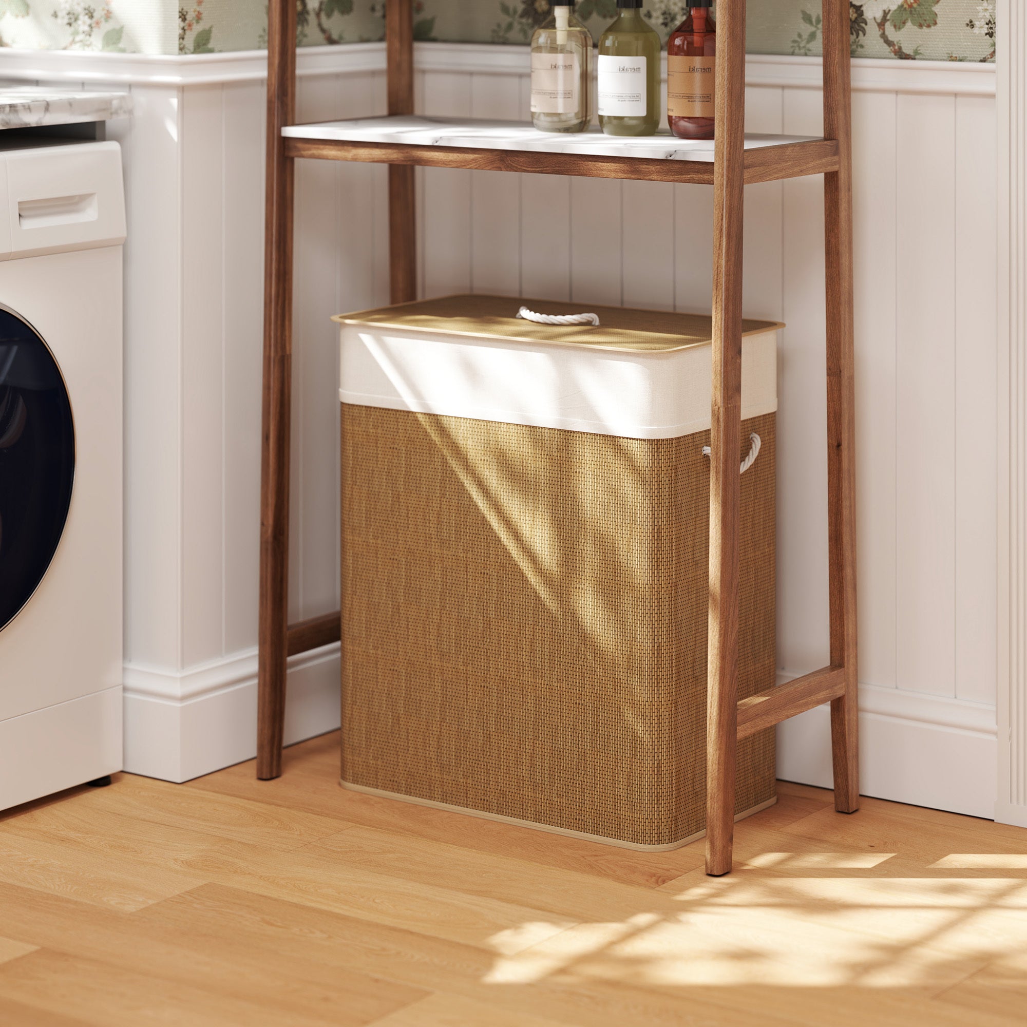 Double Laundry Basket With Lid, 26.4 Gallon Bamboo Laundry Hamper With Rope Handles And Removable Liner, Brown