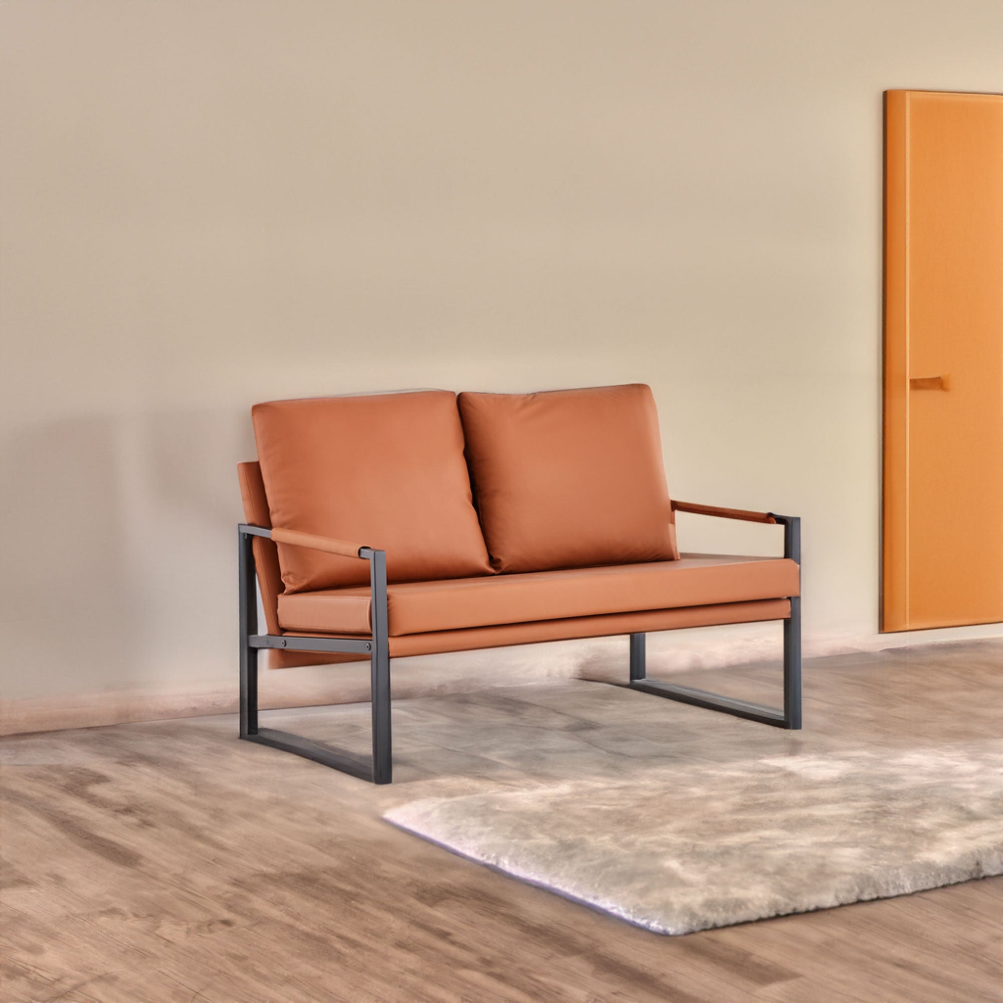 Divano Poltrona a Due Posti Moderno con 2 Cuscini - Pelle PU, Schiuma ad Alta Densità, Telaio in Metallo Rivestito di Nero