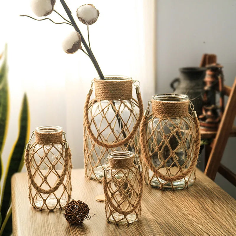 Vaso Idroponico Vintage con Corde Intrecciate - Design Naturale per Decorazioni Floreali
