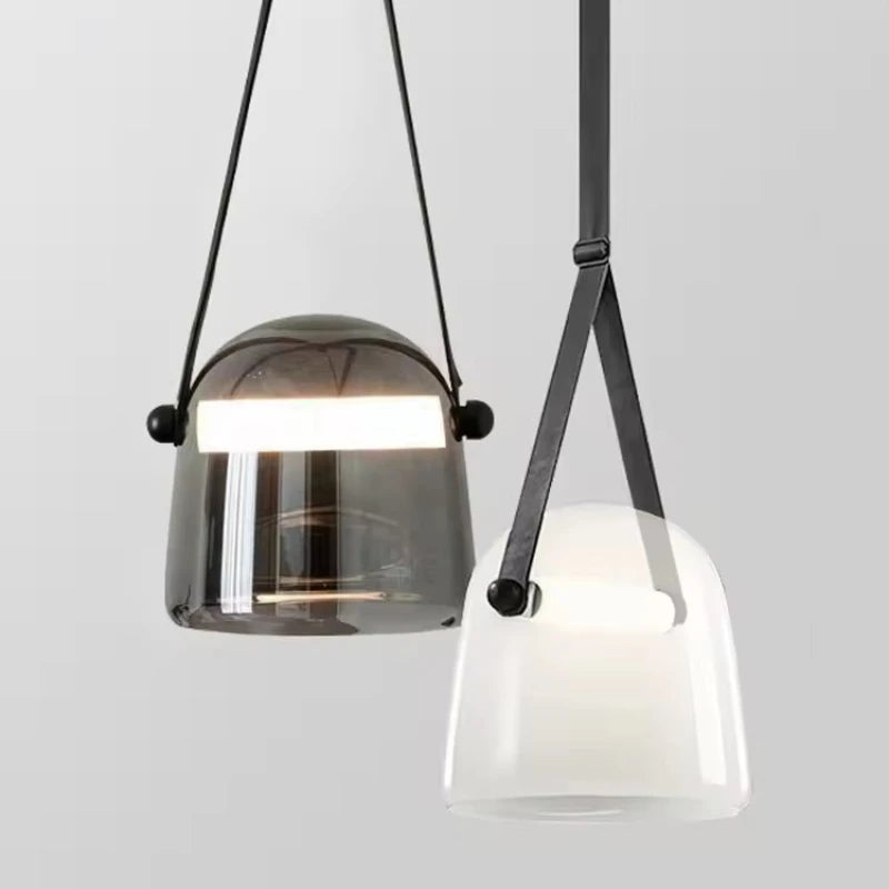 Lampada a Sospensione in Pelle e Vetro – Design Post-Moderno e Stile Art Decò
