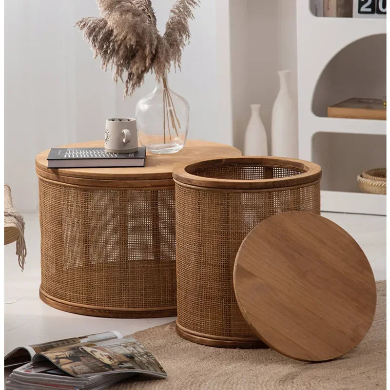 Tavolino Rotondo Giapponese in Rattan - Eleganza e Funzionalità per Ogni Ambiente
