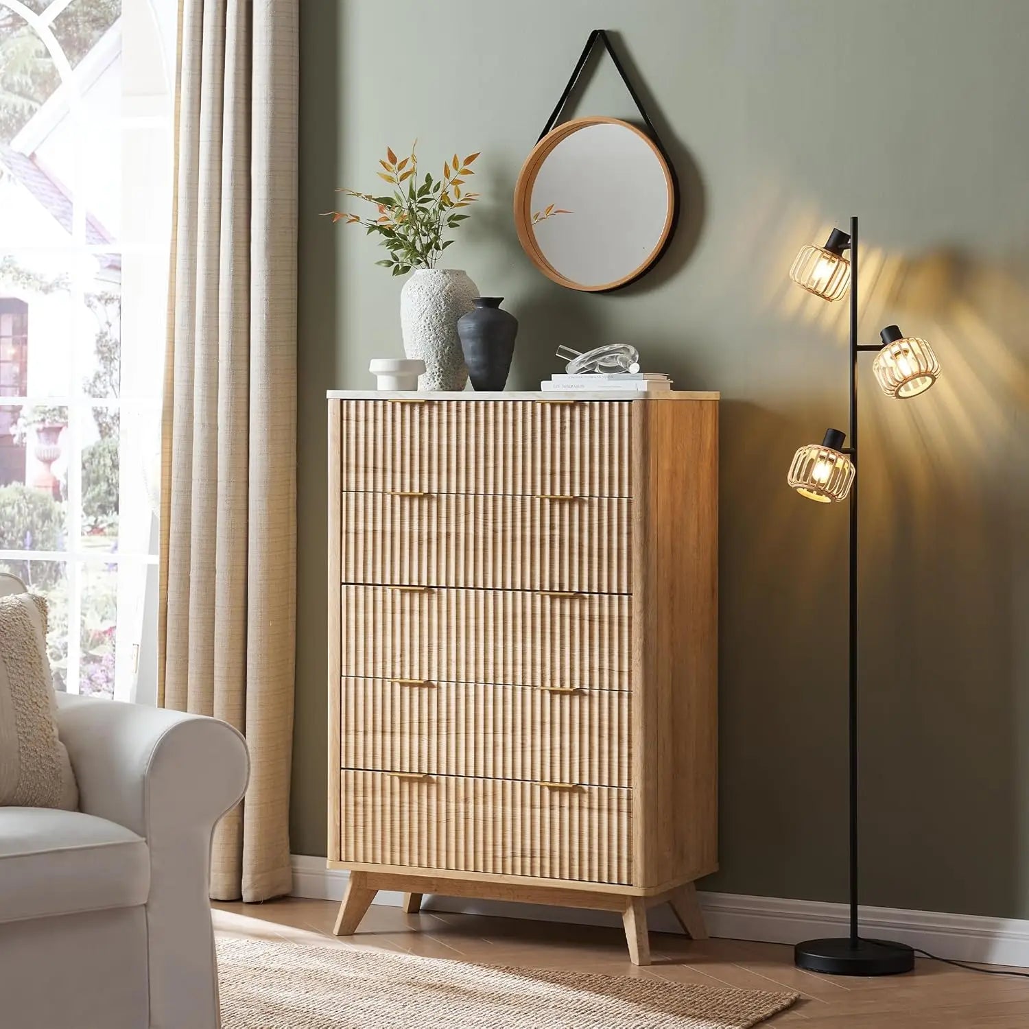 Cassettiera Moderna con 5 Cassetti e Piano in Finto Marmo - Design Curvo e Funzionalità