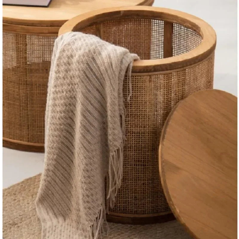 Tavolino Rotondo Giapponese in Rattan - Eleganza e Funzionalità per Ogni Ambiente