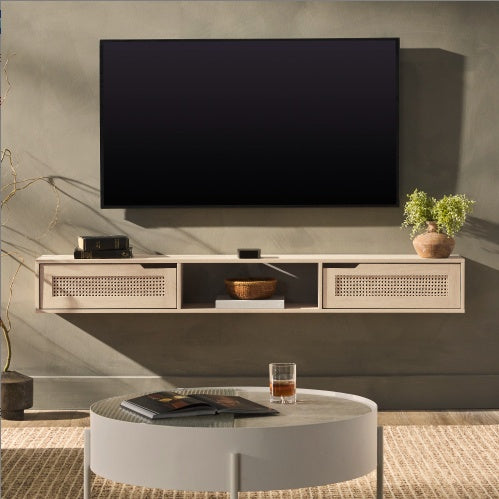 Mobile Porta TV Moderno con Ante in Rattan - Eleganza Fluttuante per Televisori fino a 65 Pollici