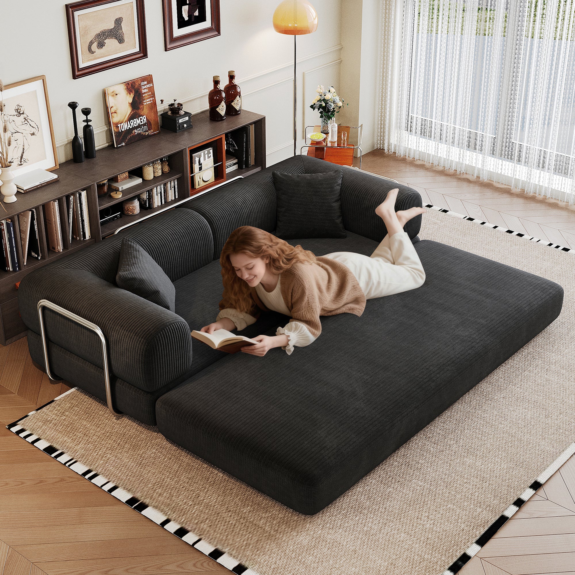 78.8 Compression Sofa,Convertible Floor Sofa Bed-with Pillow Back Support Armrest,Comfy Futon Couch Sleeper Bed,Loveseats Boneless Modular Sectional Sofa,Corduroy Fabric,for Living Room,Bedroom,Black