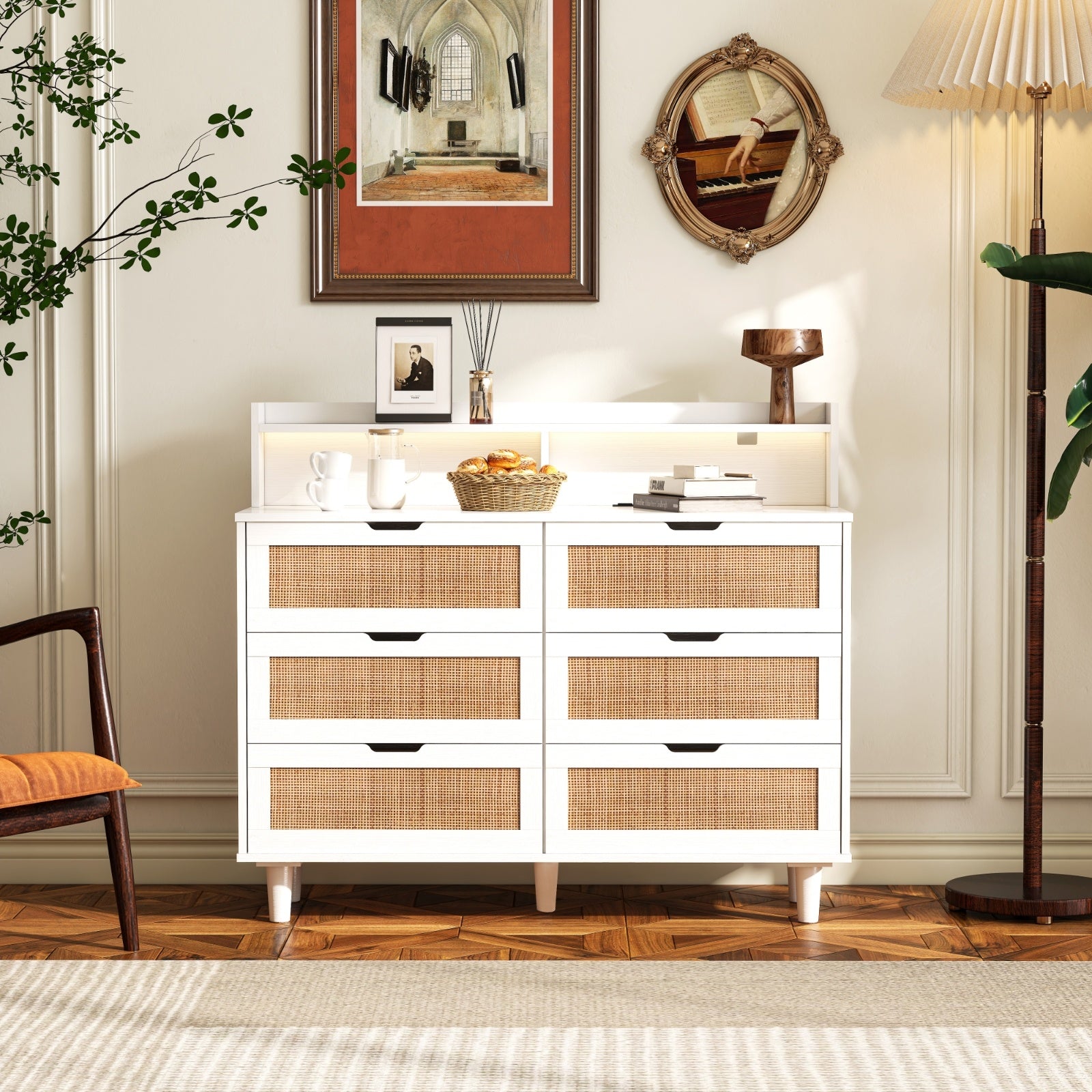 Armadio Portaoggetti in Rattano con Presa LED - Eleganza Naturale e Funzionalità