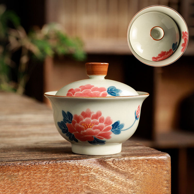 Peonia dipinta a mano Gaiwan per tè in ceramica con coperchio Teaware ciotola da tè