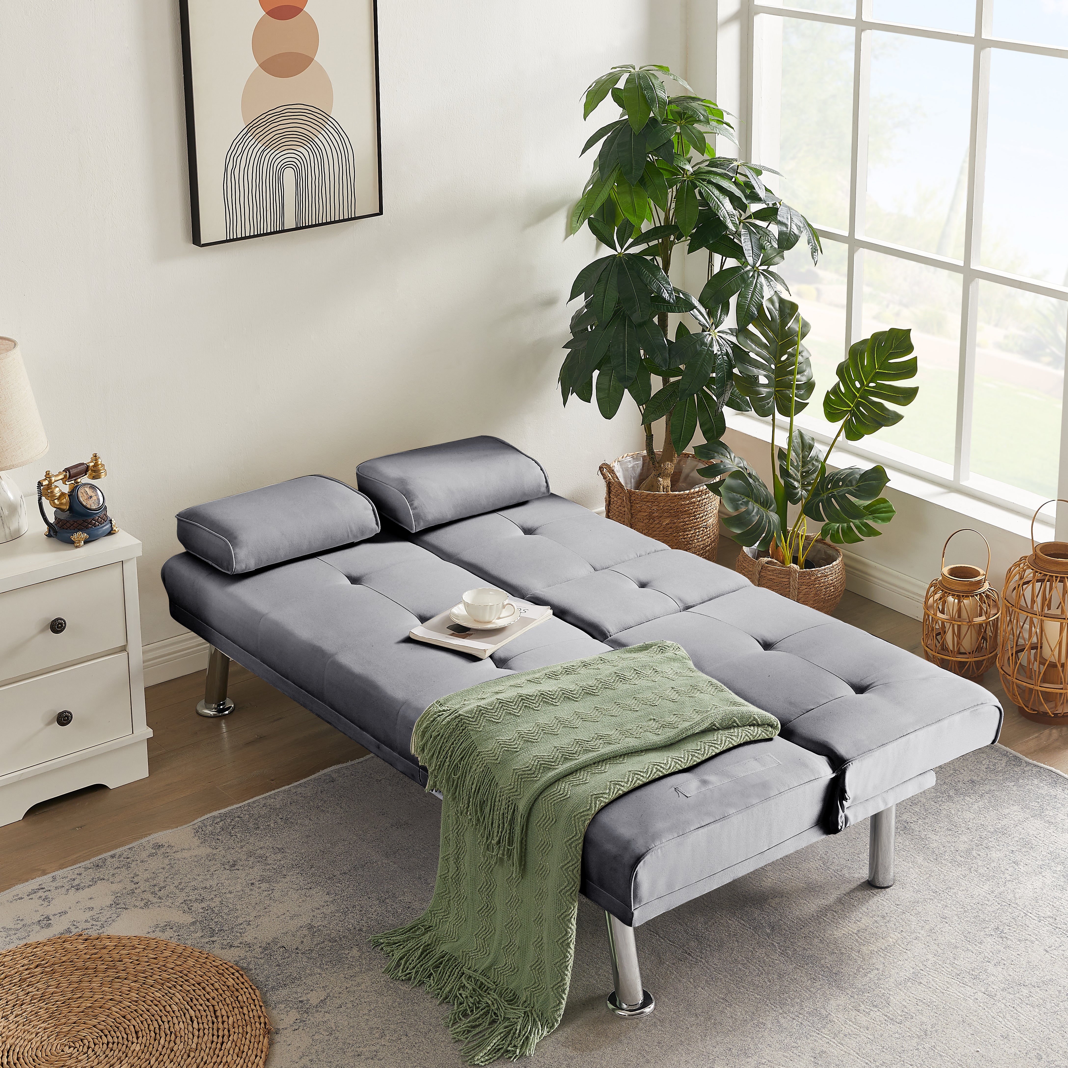 Sofisticato Comfort Convertibile: Divano Letto Futon Pieghevole in Tessuto Lino al 100%