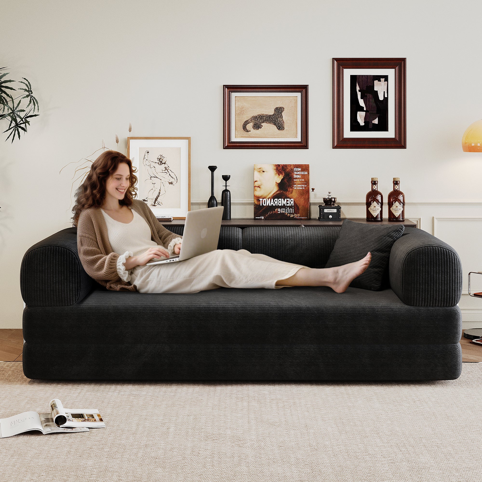 78.8 Compression Sofa,Convertible Floor Sofa Bed-with Pillow Back Support Armrest,Comfy Futon Couch Sleeper Bed,Loveseats Boneless Modular Sectional Sofa,Corduroy Fabric,for Living Room,Bedroom,Black