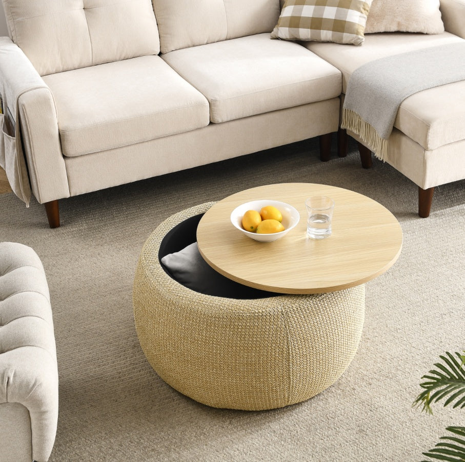 Pouf Tavolino 2-in-1 con Contenitore - Design Multifunzionale e Naturale
