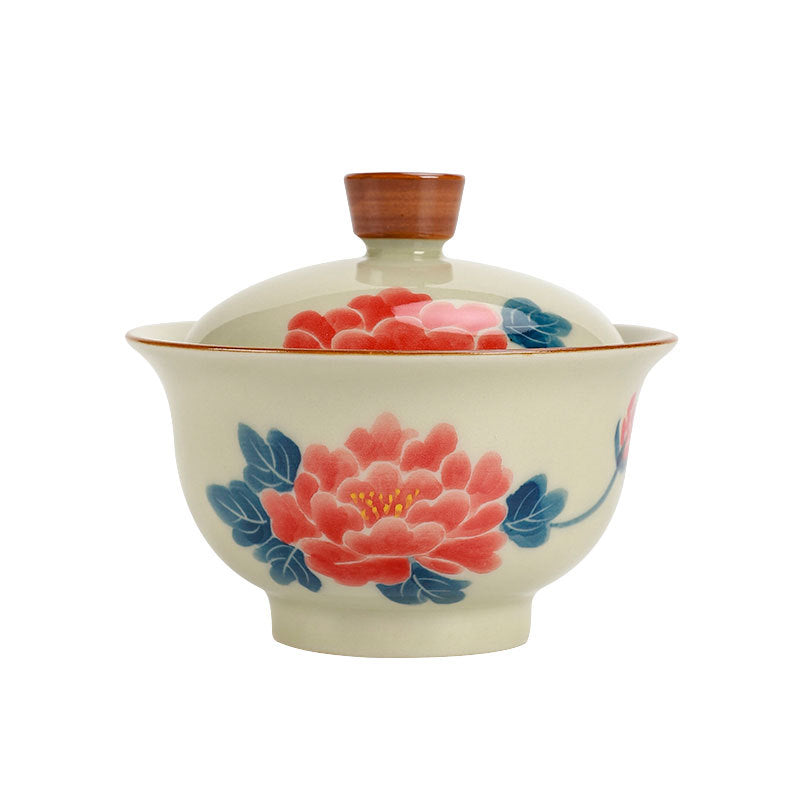 Peonia dipinta a mano Gaiwan per tè in ceramica con coperchio Teaware ciotola da tè