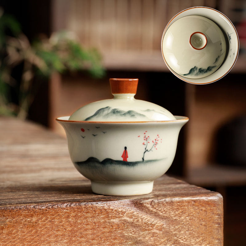Peonia dipinta a mano Gaiwan per tè in ceramica con coperchio Teaware ciotola da tè