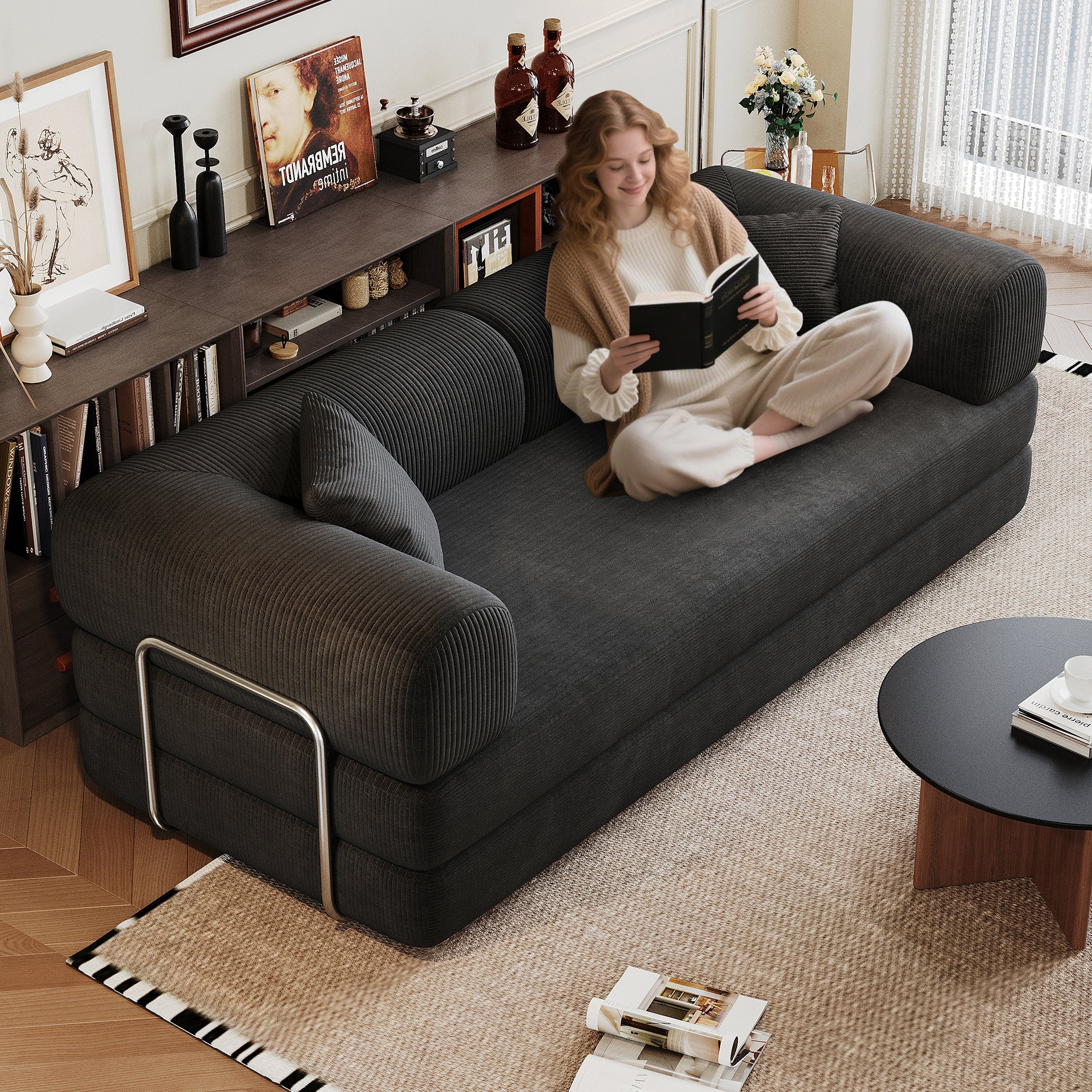 78.8 Compression Sofa,Convertible Floor Sofa Bed-with Pillow Back Support Armrest,Comfy Futon Couch Sleeper Bed,Loveseats Boneless Modular Sectional Sofa,Corduroy Fabric,for Living Room,Bedroom,Black