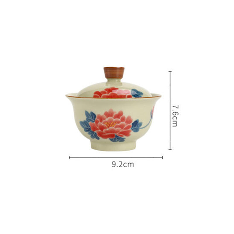 Peonia dipinta a mano Gaiwan per tè in ceramica con coperchio Teaware ciotola da tè