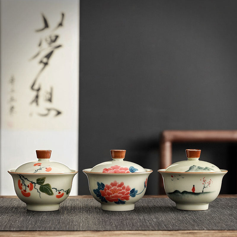 Peonia dipinta a mano Gaiwan per tè in ceramica con coperchio Teaware ciotola da tè