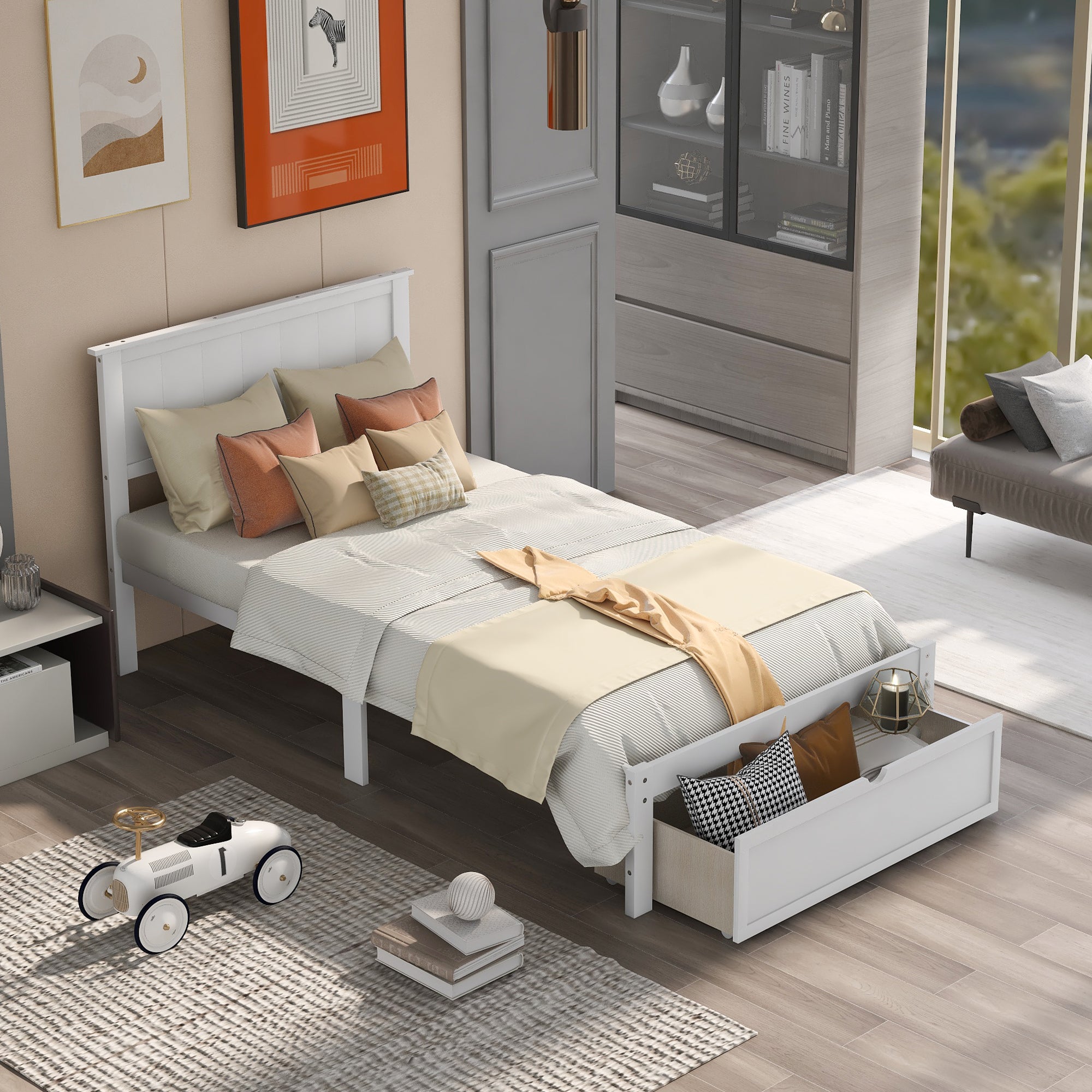 "Eleganza e Funzionalità: Letto Singolo con Cassetto Integrato Bianco"