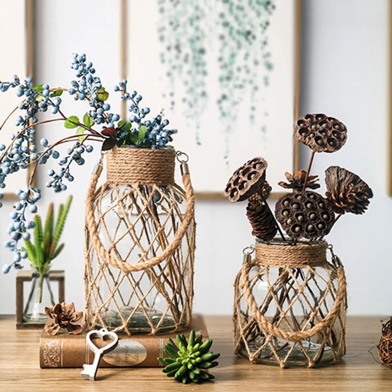 Vaso Idroponico Vintage con Corde Intrecciate - Design Naturale per Decorazioni Floreali