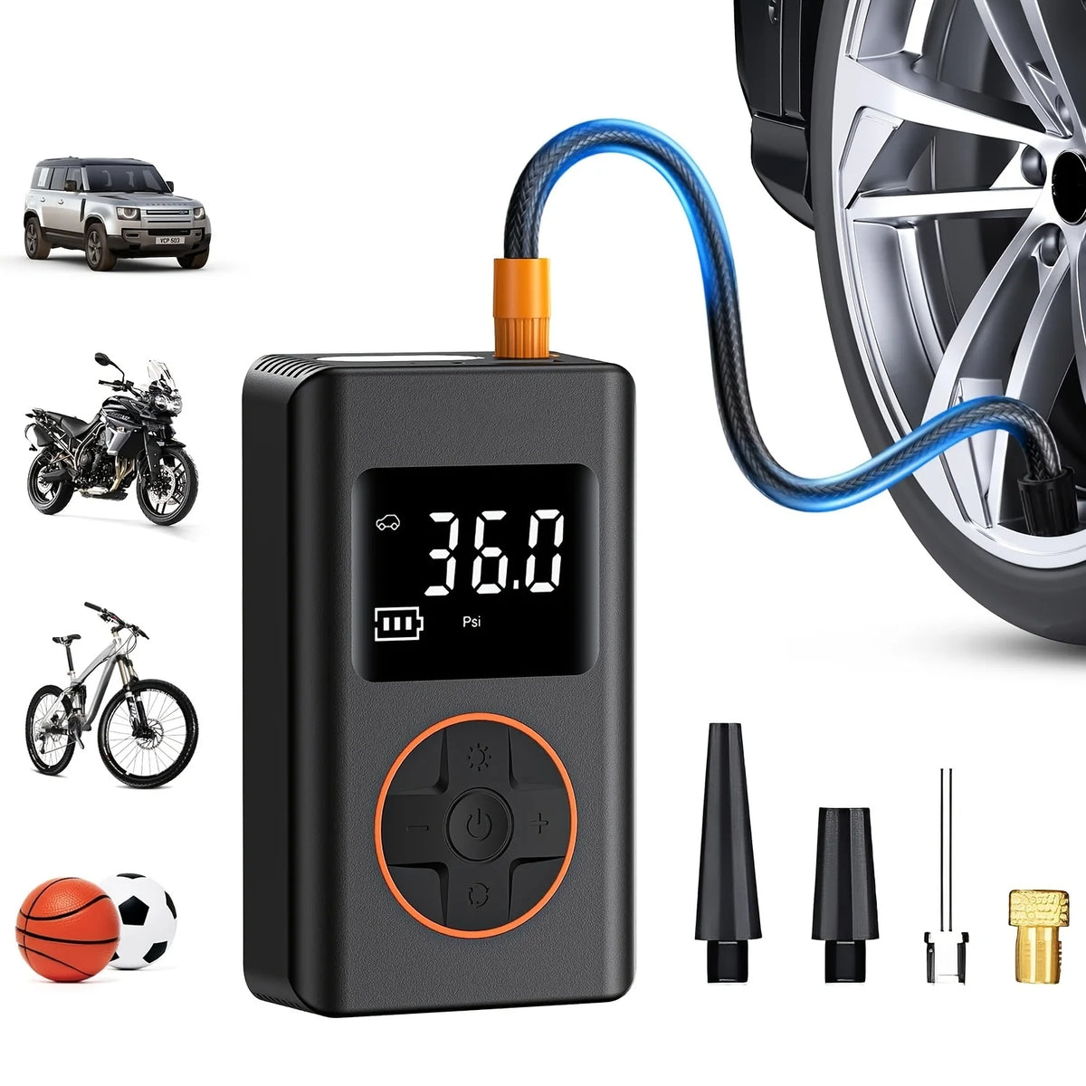 Portable Tire Inflator Air Compressor with Auto Shut-Off, 150Psi Car Tire Pump with Digital Pressure Gauge/Led Light, Rechargeable Lithium Battery, Suitable for Car Tires, Motorcycles, Balls, and Sports Equipment