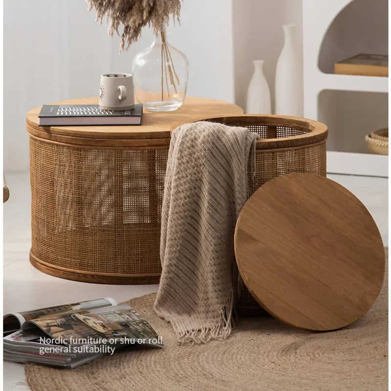 Tavolino Rotondo Giapponese in Rattan - Eleganza e Funzionalità per Ogni Ambiente