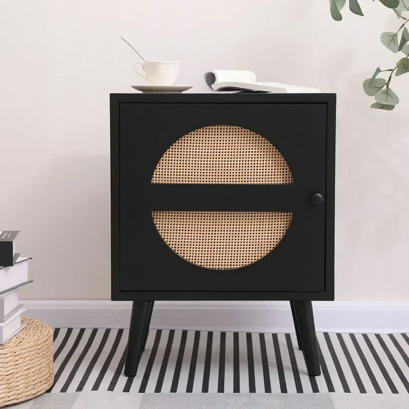 Comodino Retro in Rattan - Design Giapponese e Ampia Capacità di Stoccaggio