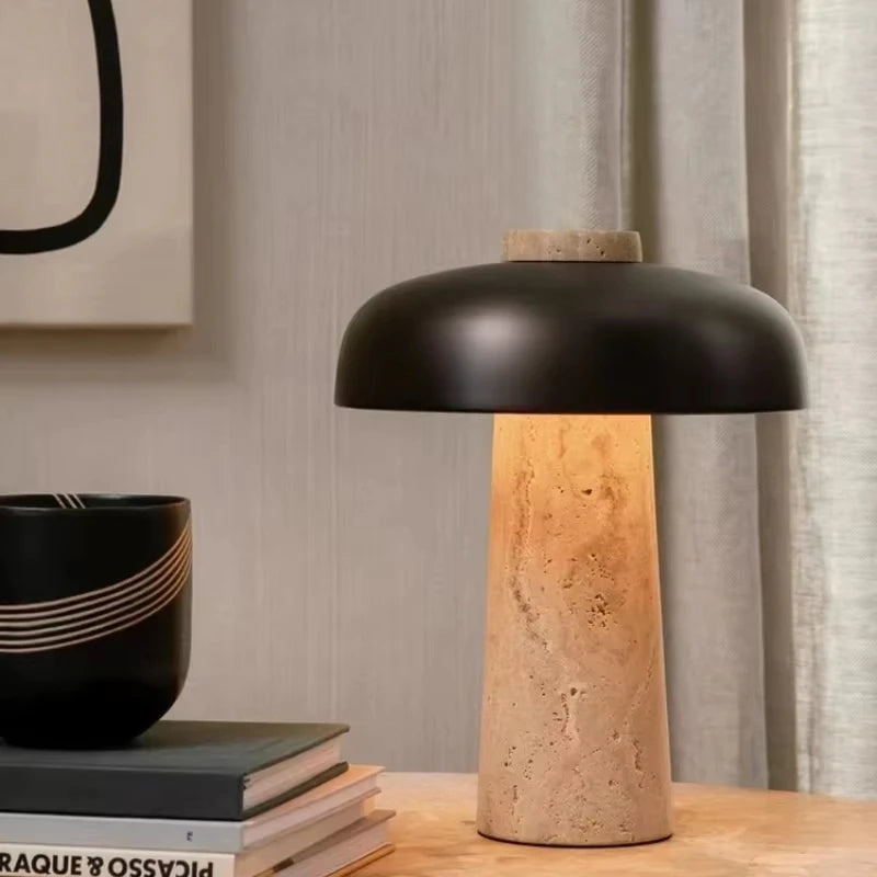 Lampada da Comodino in Travertino Naturale: Design Wabi-Sabi e Luce Calda per la Tua Casa