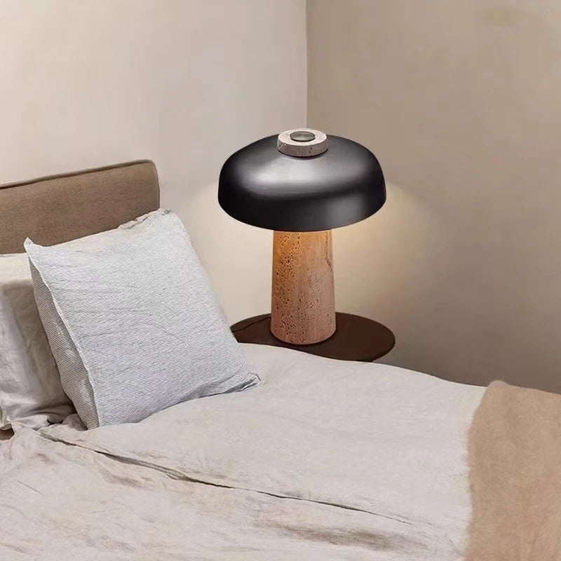 Lampada da Comodino in Travertino Naturale: Design Wabi-Sabi e Luce Calda per la Tua Casa