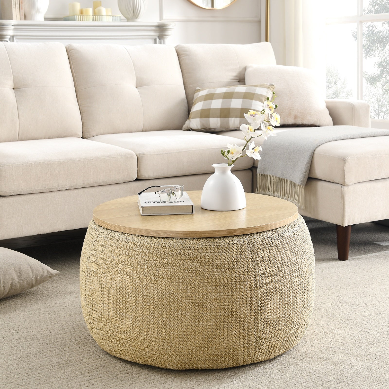 Pouf Tavolino 2-in-1 con Contenitore - Design Multifunzionale e Naturale