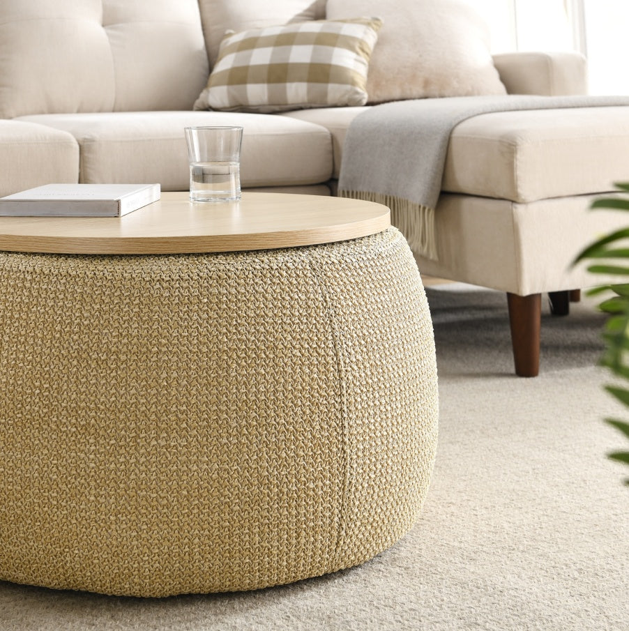Pouf Tavolino 2-in-1 con Contenitore - Design Multifunzionale e Naturale